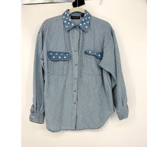 Lemon‎ Grass Womens M Star Stripe Button Up Shirt Blue White Western Boho Top